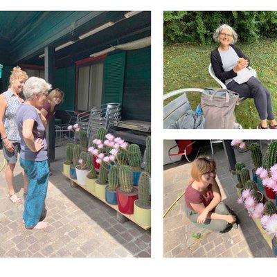 Katha, Susanne, Liliane und Loredana machen endlich Pause, umgeben von zauberhaften Echinopsis-Blueten, eine grosse Liebhaberei eines Helfers